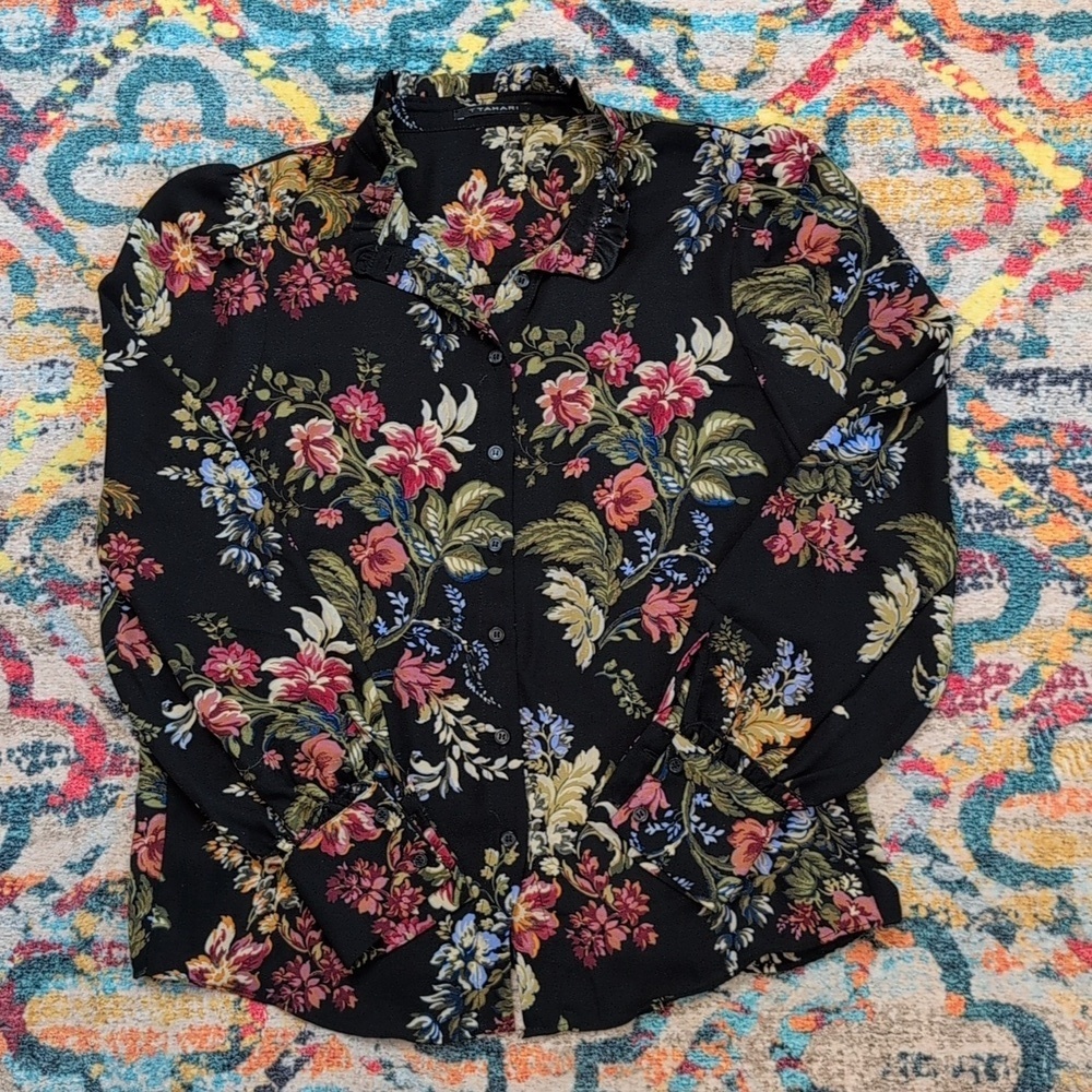 Tahari floral long sleeve blouse black multicolor XS NWOT